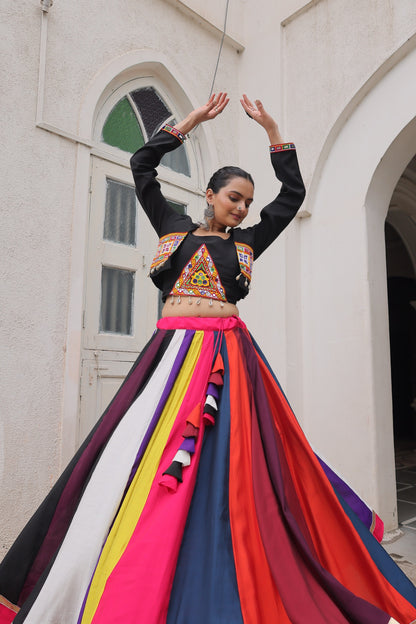 Multi color Roman Fabric with Codi Lace Work Lehenga Choli with Koti Stlye
