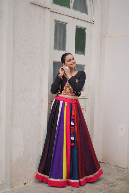 Multi color Roman Fabric with Codi Lace Work Lehenga Choli with Koti Stlye