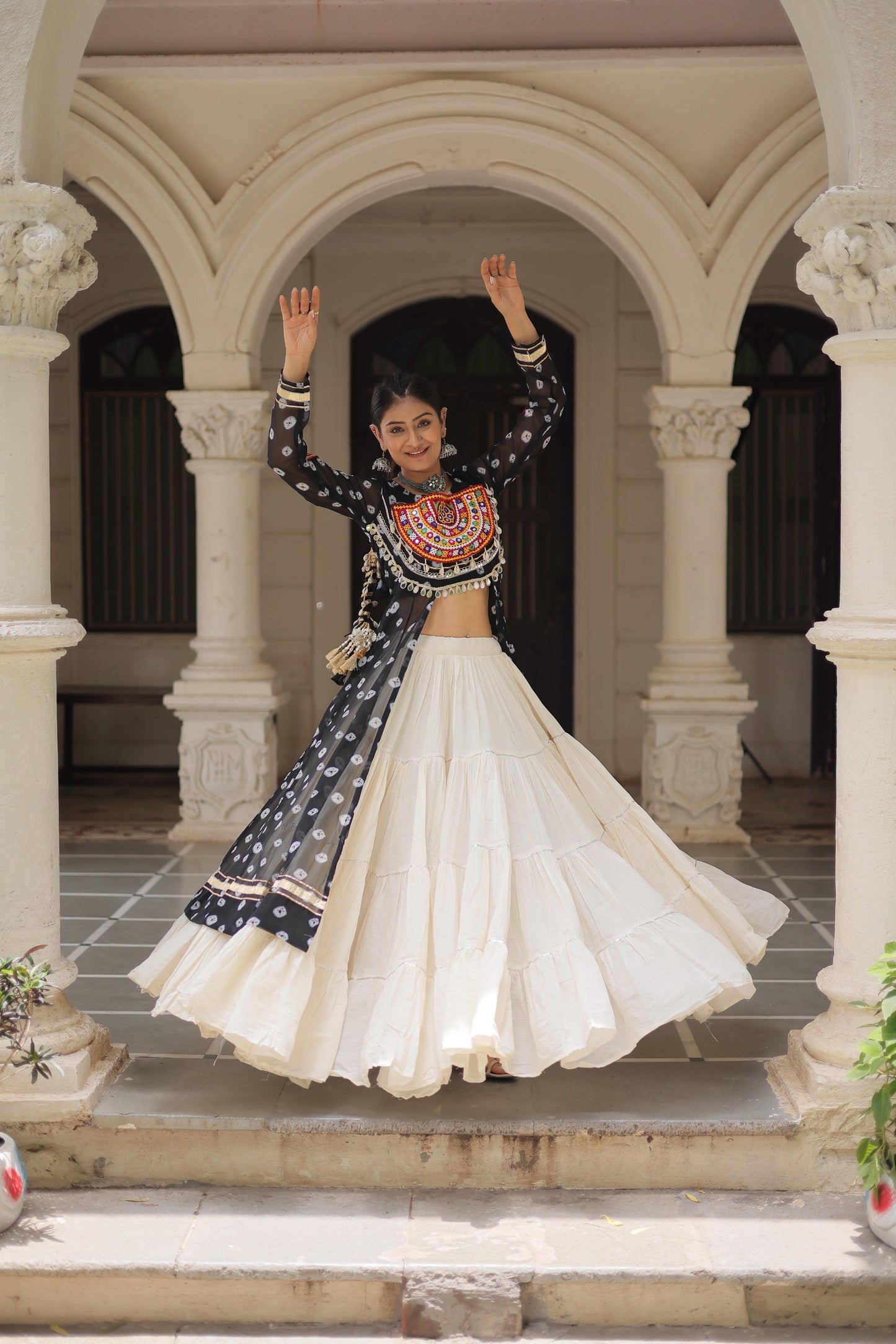 Black Kora Cotton  Bandhani Print Lehenga With Kurti