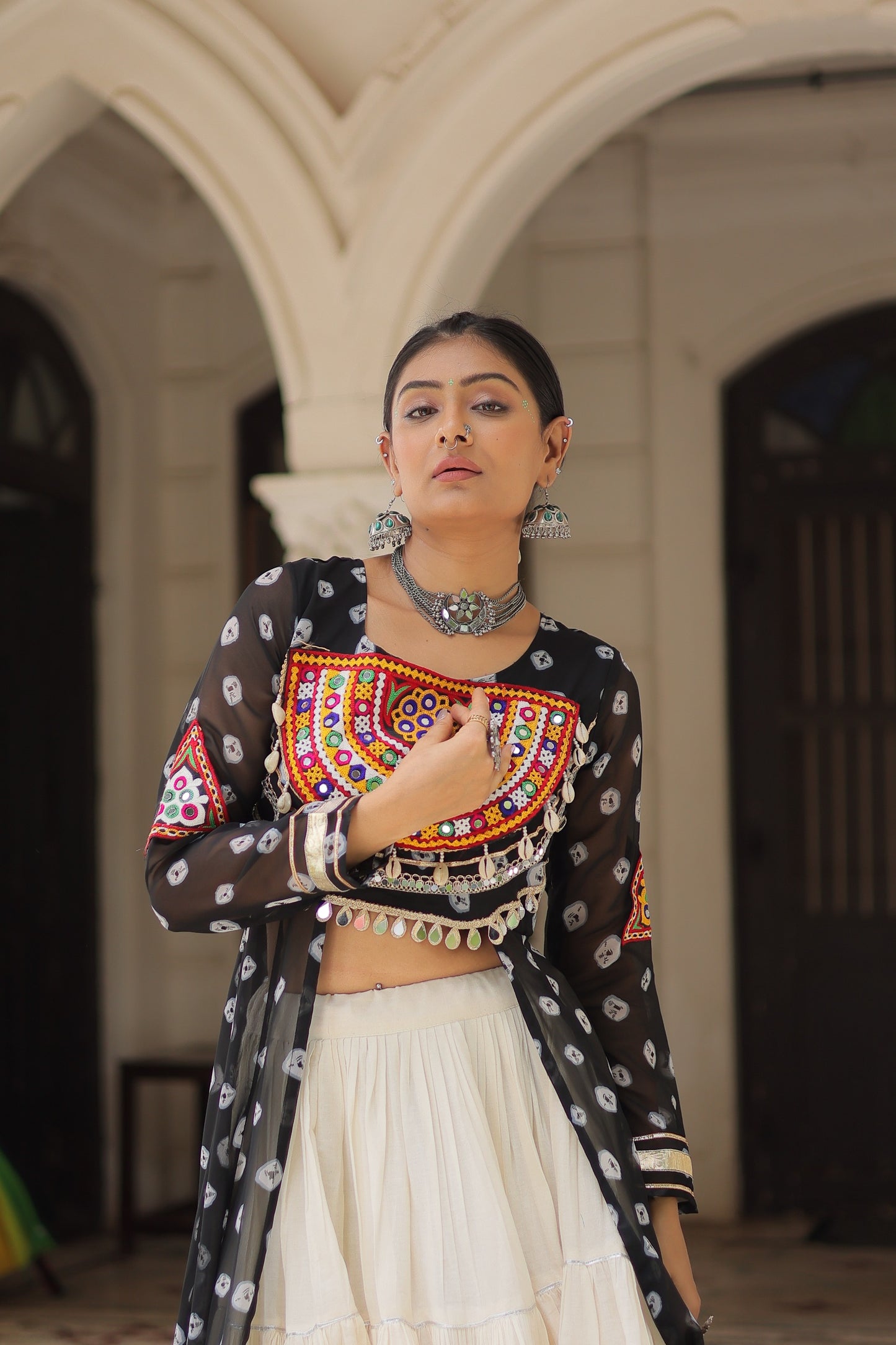 Black Kora Cotton  Bandhani Print Lehenga With Kurti