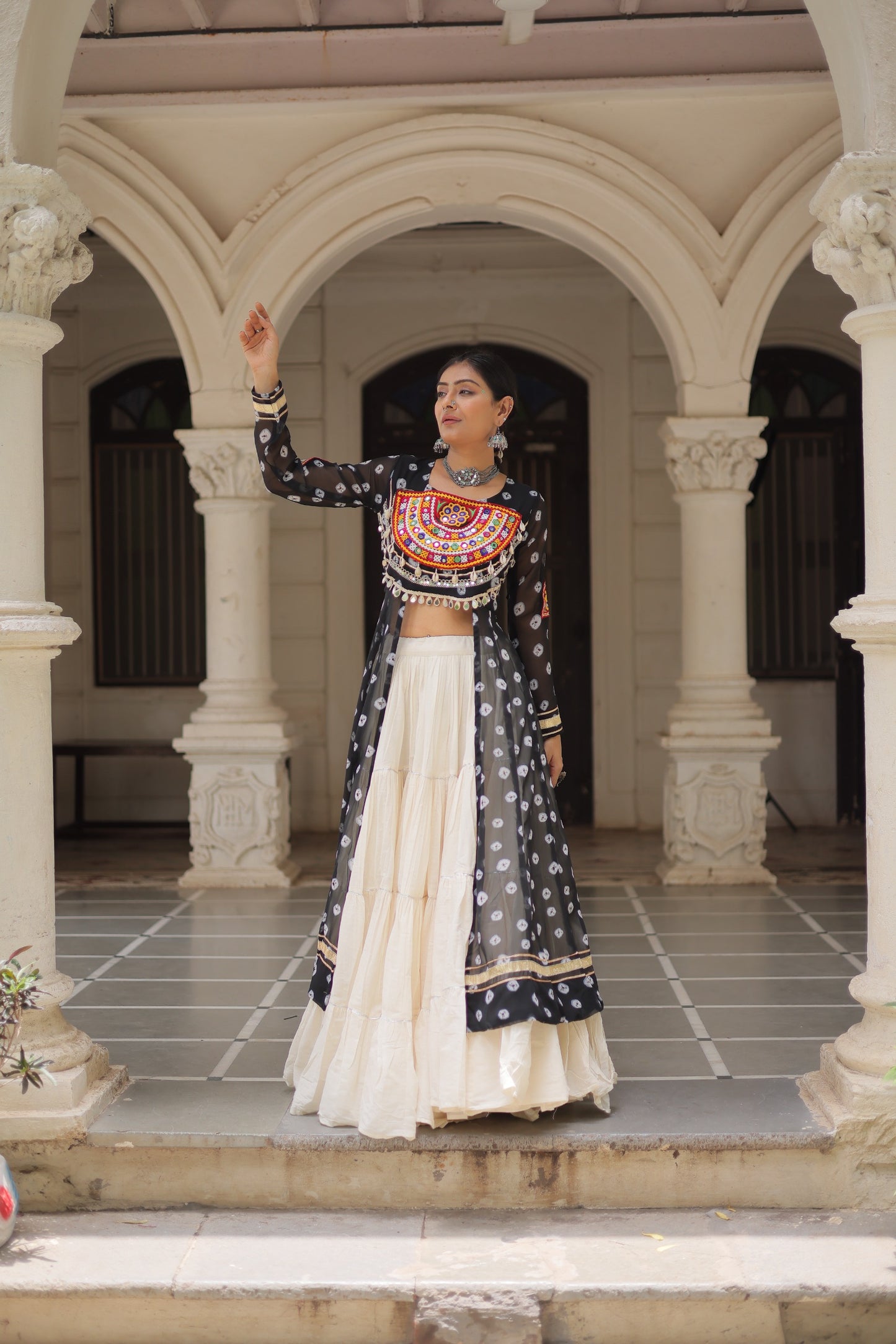 Black Kora Cotton  Bandhani Print Lehenga With Kurti