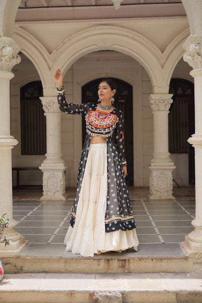 Black Kora Cotton  Bandhani Print Lehenga With Kurti