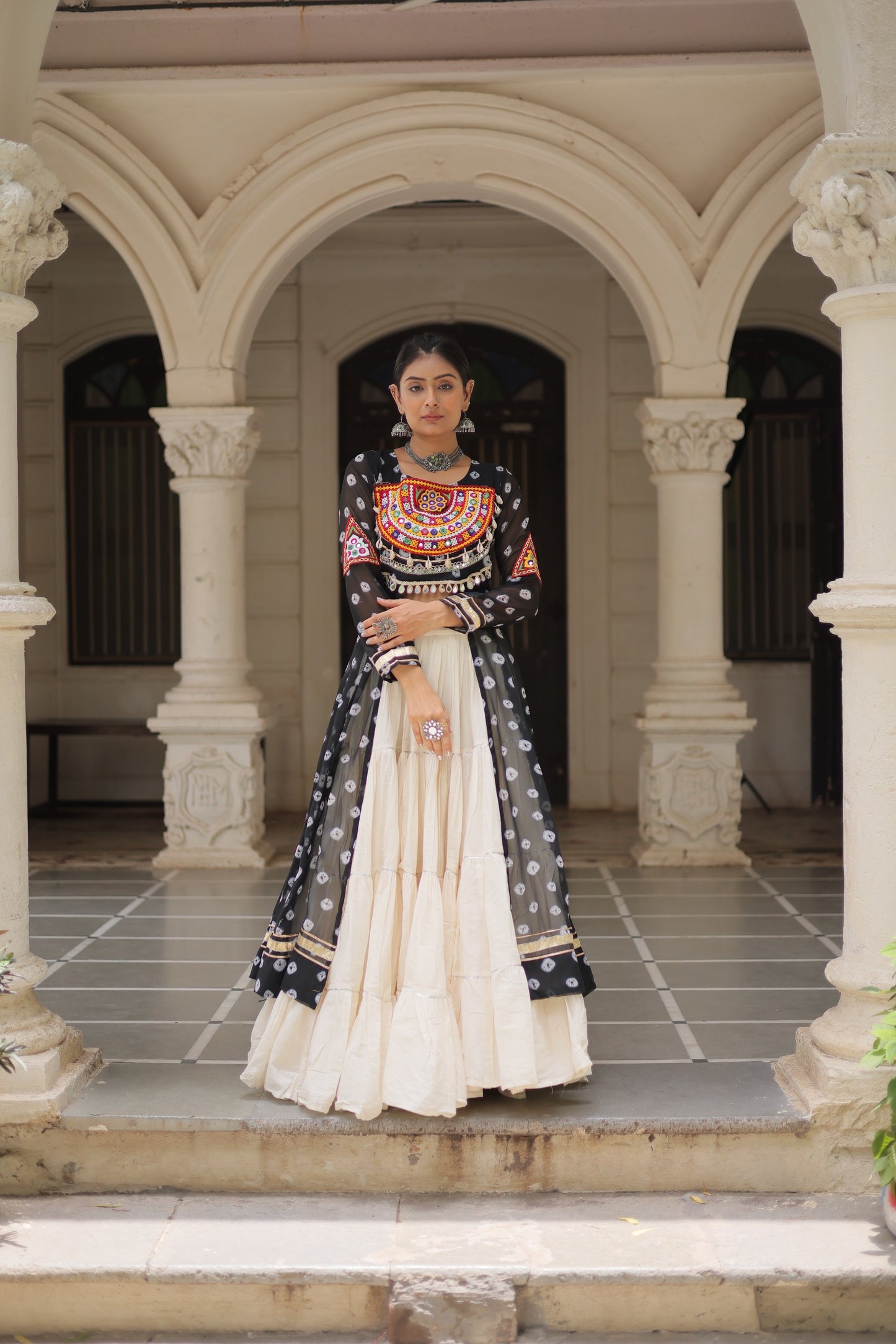 Black Kora Cotton  Bandhani Print Lehenga With Kurti