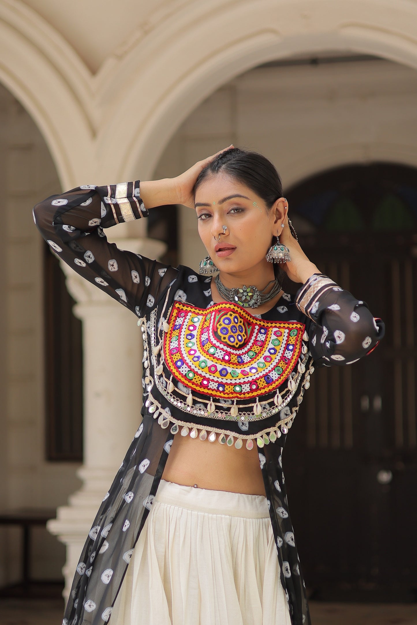 Black Kora Cotton  Bandhani Print Lehenga With Kurti