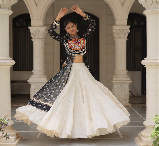 Black Kora Cotton  Bandhani Print Lehenga With Kurti