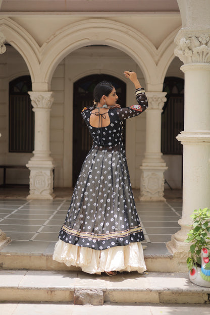 Black Kora Cotton  Bandhani Print Lehenga With Kurti