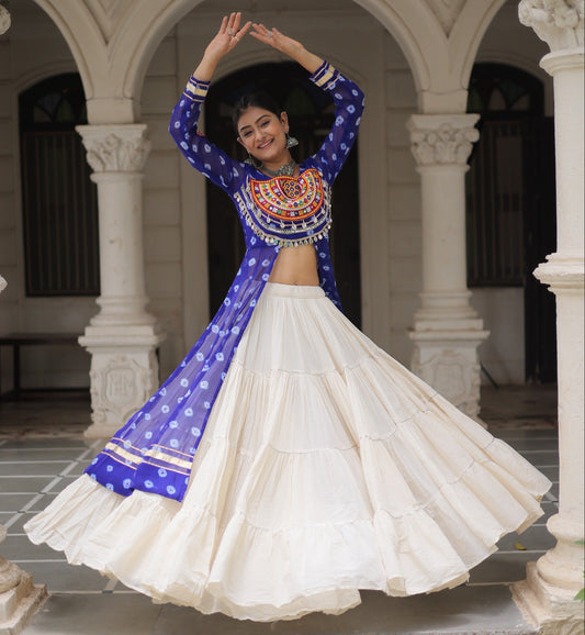 Blue color Kora Cotton  Bandhani Print Lehenga With Kurti