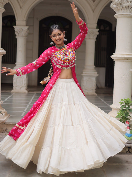 Pink color Kora Cotton  Bandhani Print Lehenga With Kurti