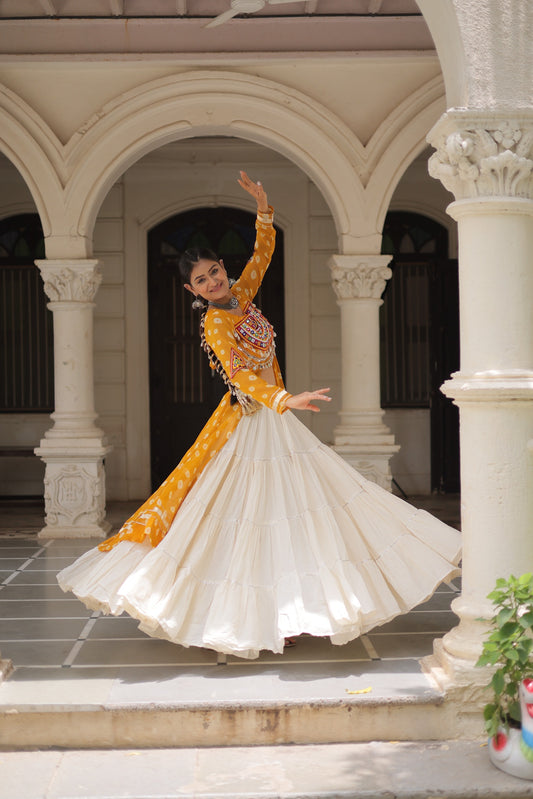 Yellow color Kora Cotton  Bandhani Print Lehenga With Kurti