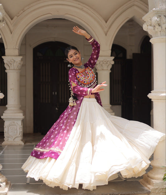 Purple color Kora Cotton  Bandhani Print Lehenga With Kurti