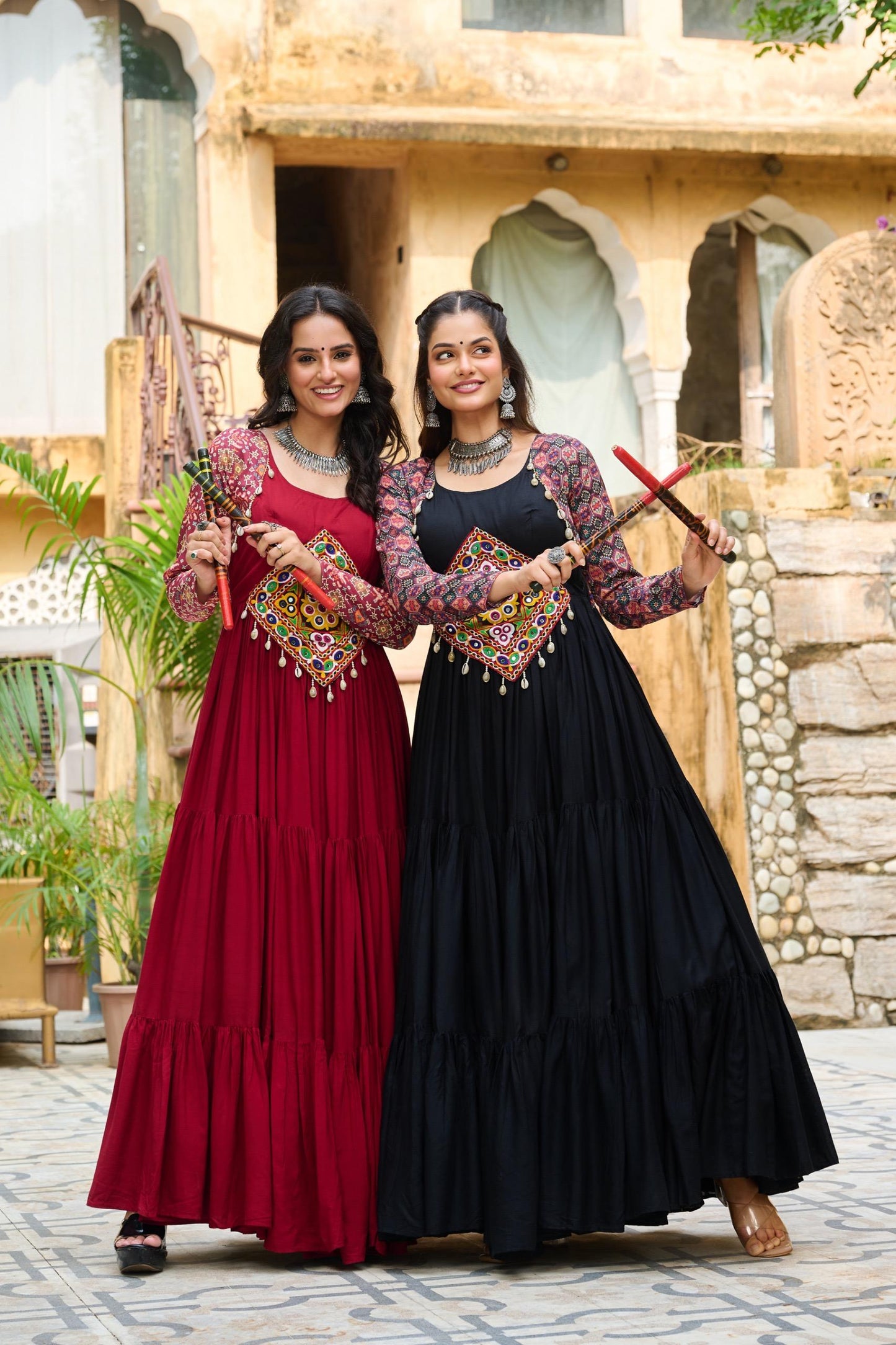 Black Kutchi Gamthi Cotton Print Work Gown