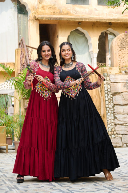 Black Kutchi Gamthi Cotton Print Work Gown