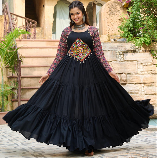 Black Kutchi Gamthi Cotton Print Work Gown
