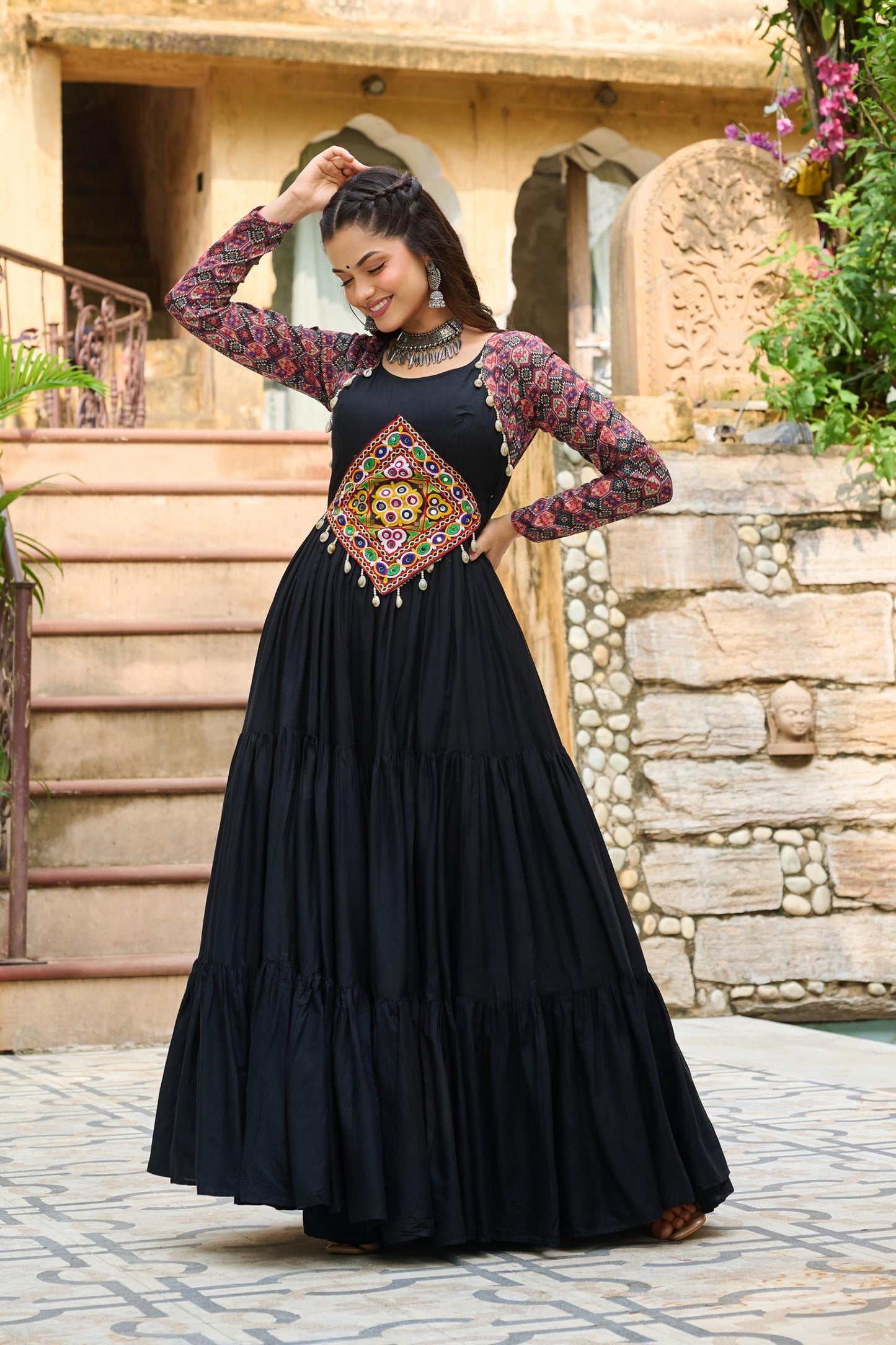 Black Kutchi Gamthi Cotton Print Work Gown