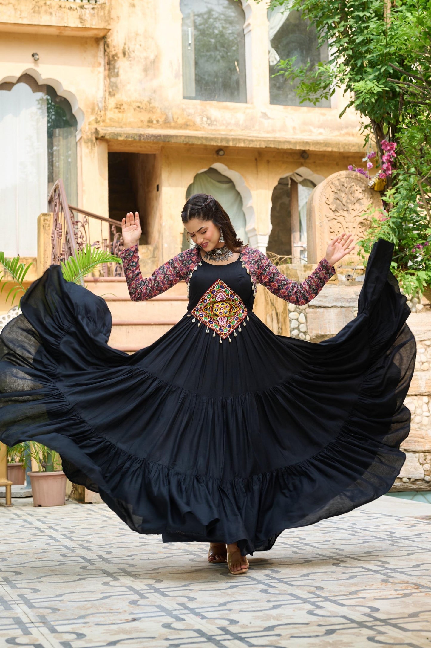Black Kutchi Gamthi Cotton Print Work Gown