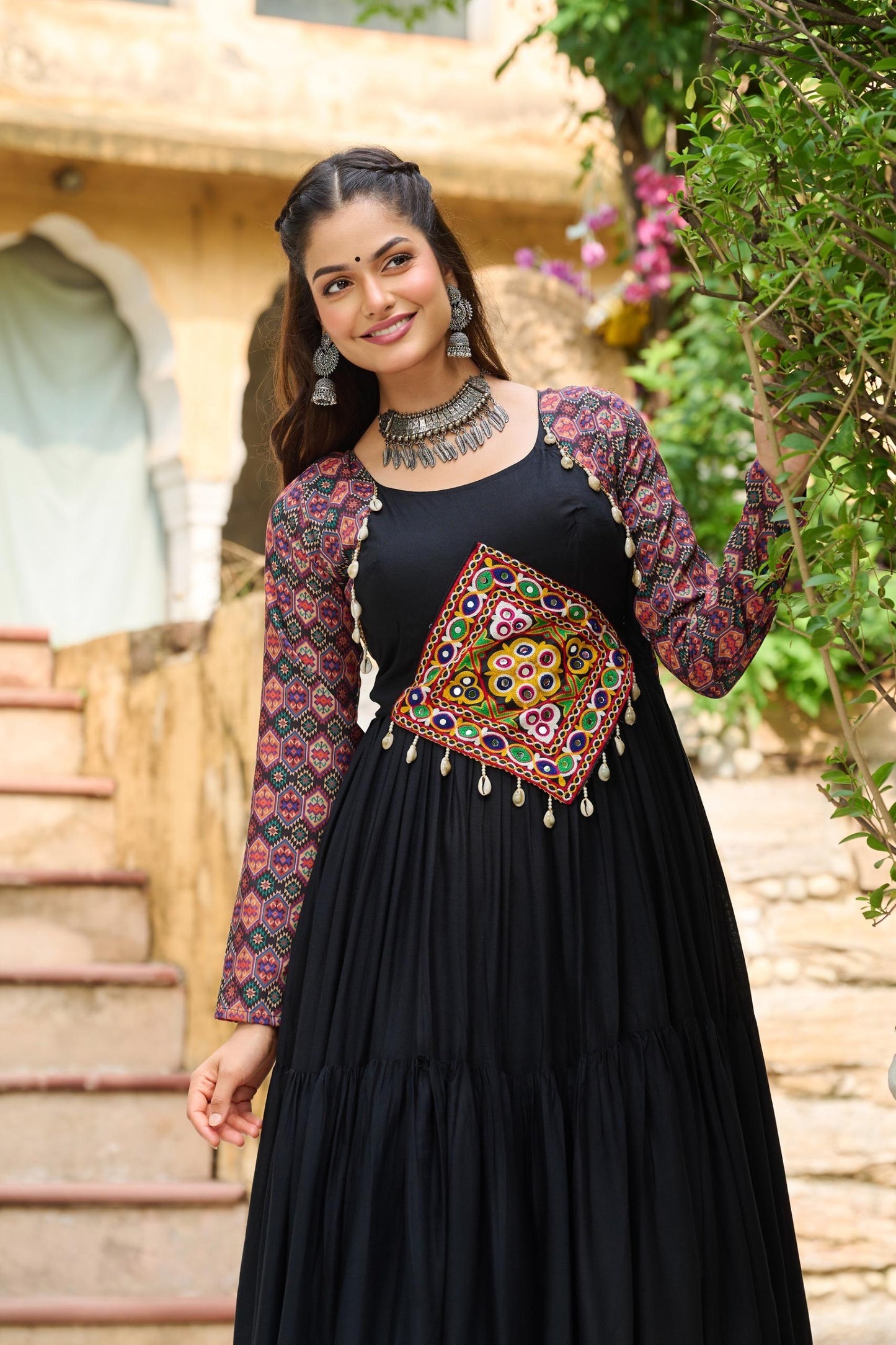 Black Kutchi Gamthi Cotton Print Work Gown