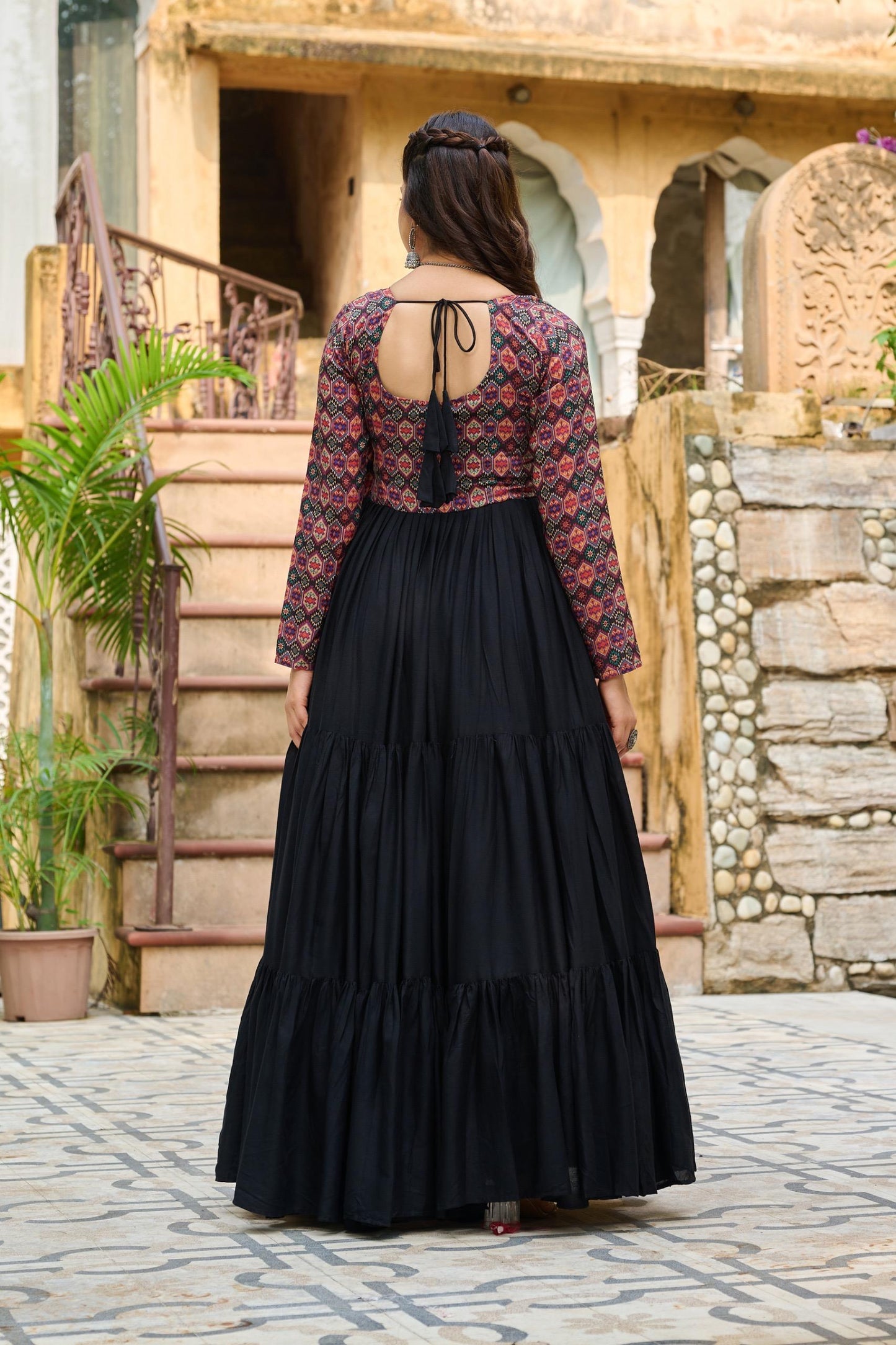 Black Kutchi Gamthi Cotton Print Work Gown