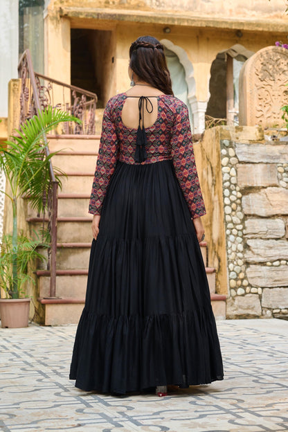 Black Kutchi Gamthi Cotton Print Work Gown