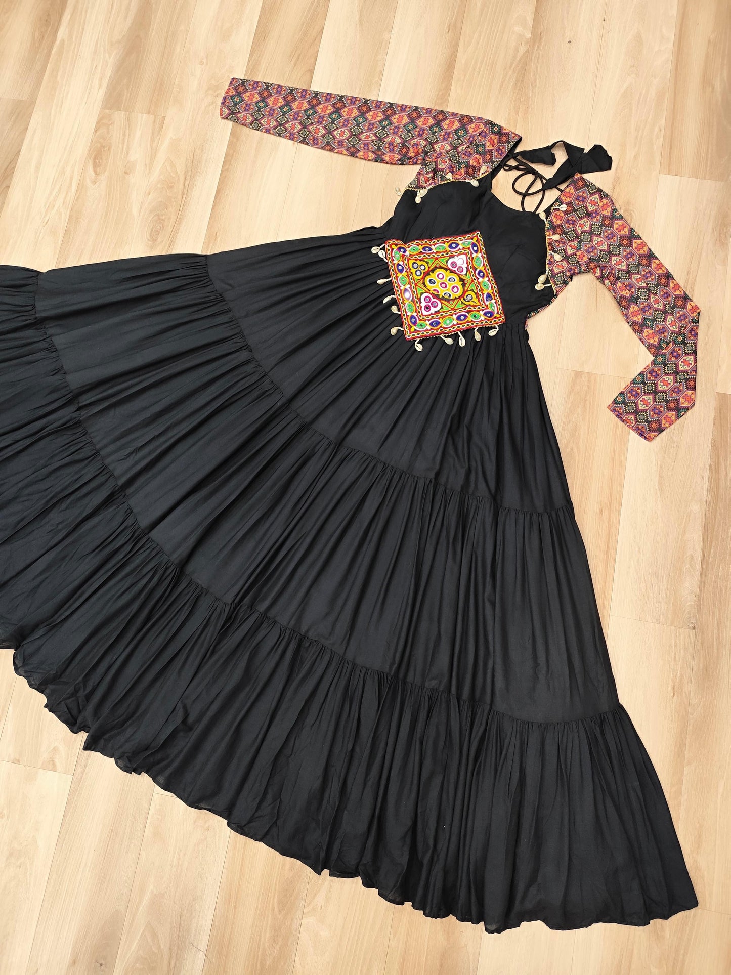 Black Kutchi Gamthi Cotton Print Work Gown
