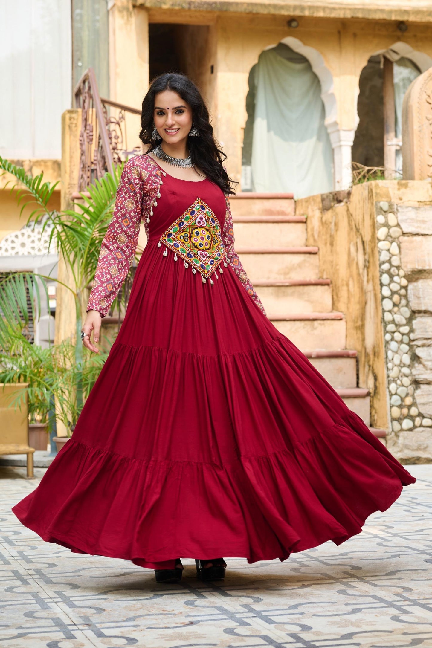 Maroon Kutchi Gamthi Cotton Print Work Gown