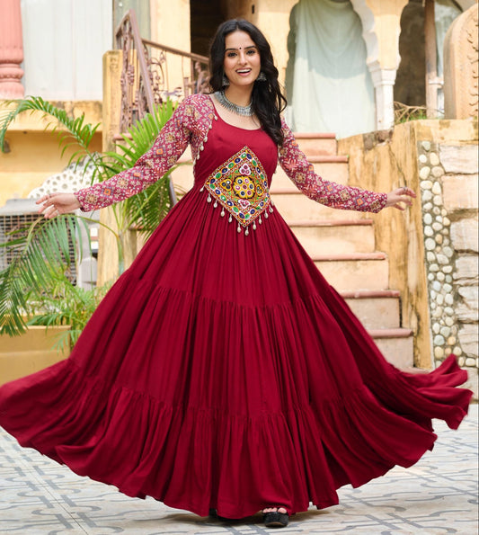Maroon Kutchi Gamthi Cotton Print Work Gown