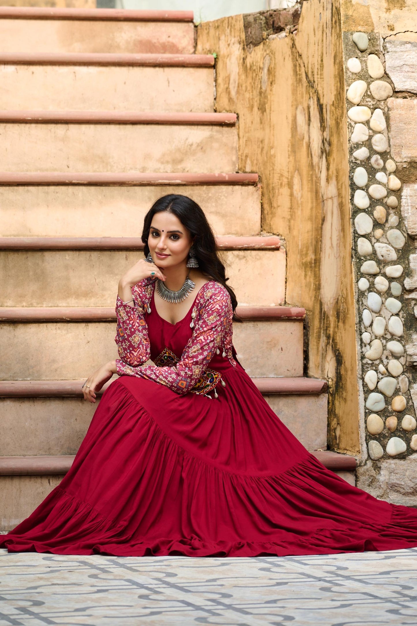 Maroon Kutchi Gamthi Cotton Print Work Gown