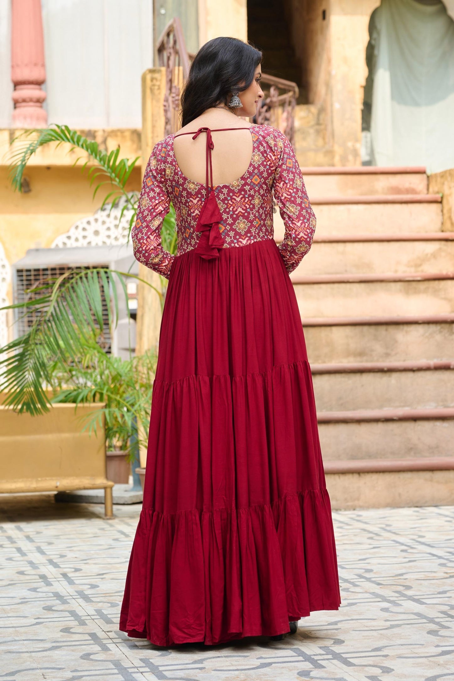 Maroon Kutchi Gamthi Cotton Print Work Gown