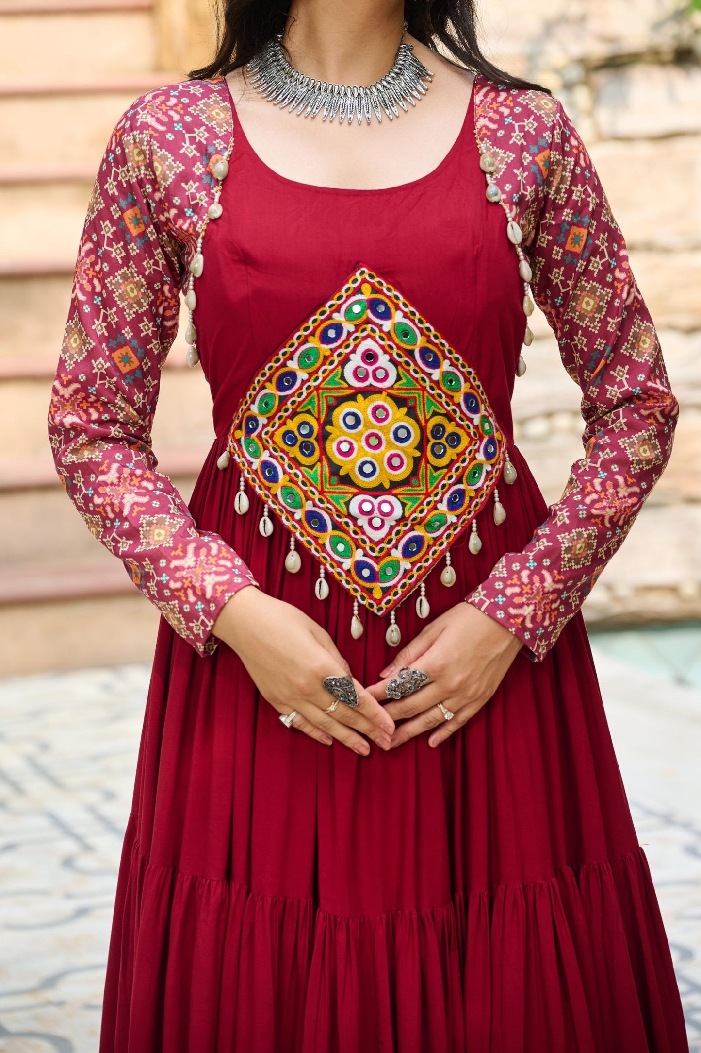 Maroon Kutchi Gamthi Cotton Print Work Gown