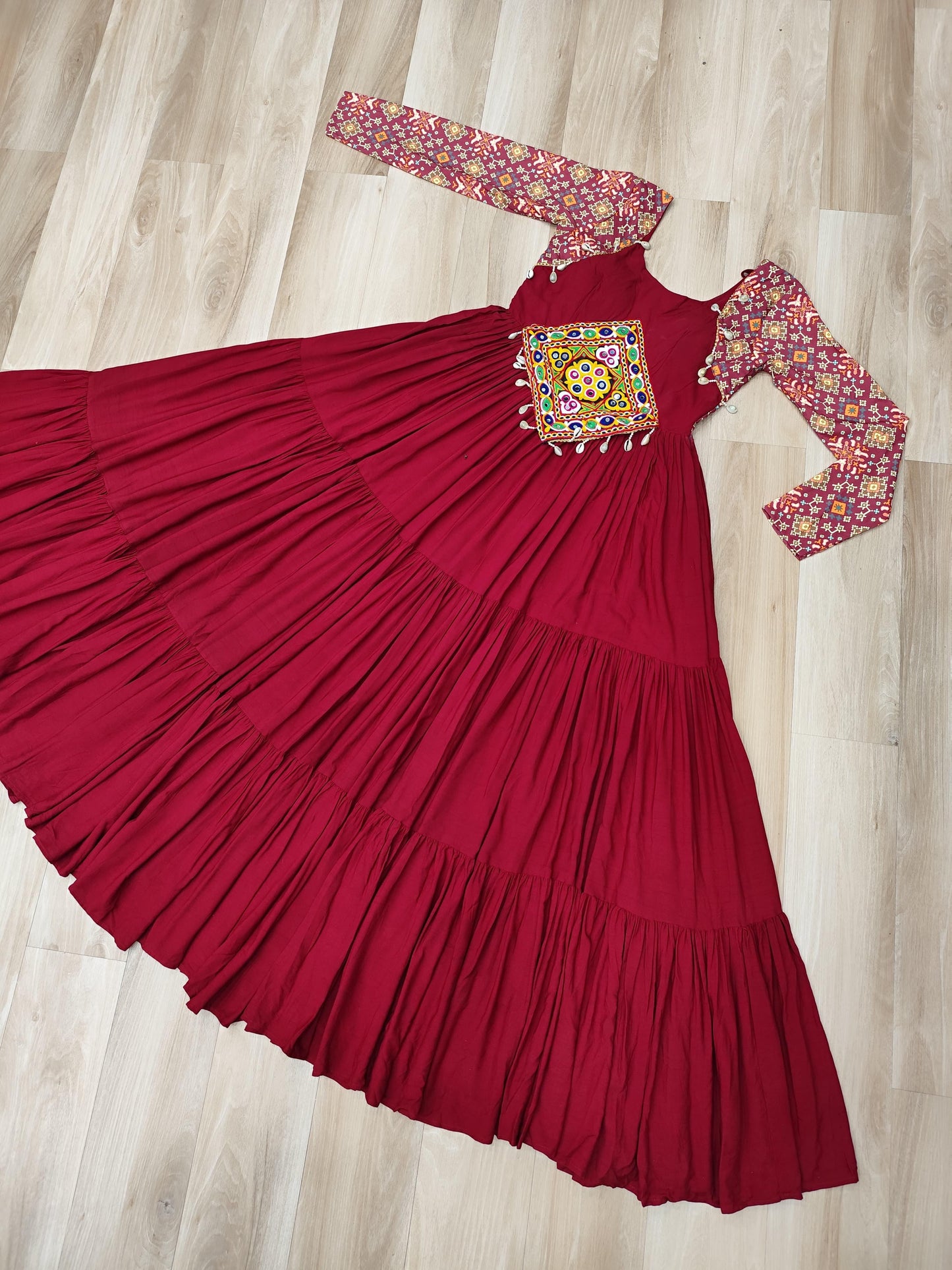 Maroon Kutchi Gamthi Cotton Print Work Gown
