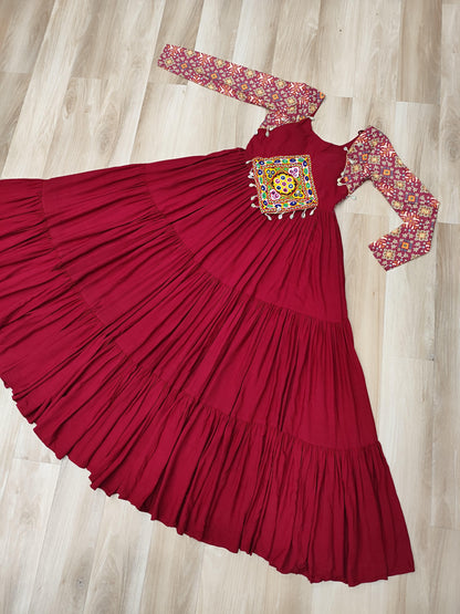 Maroon Kutchi Gamthi Cotton Print Work Gown