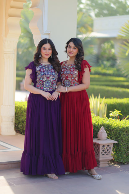 Maroon Faux Blooming Embroidered Work Gown