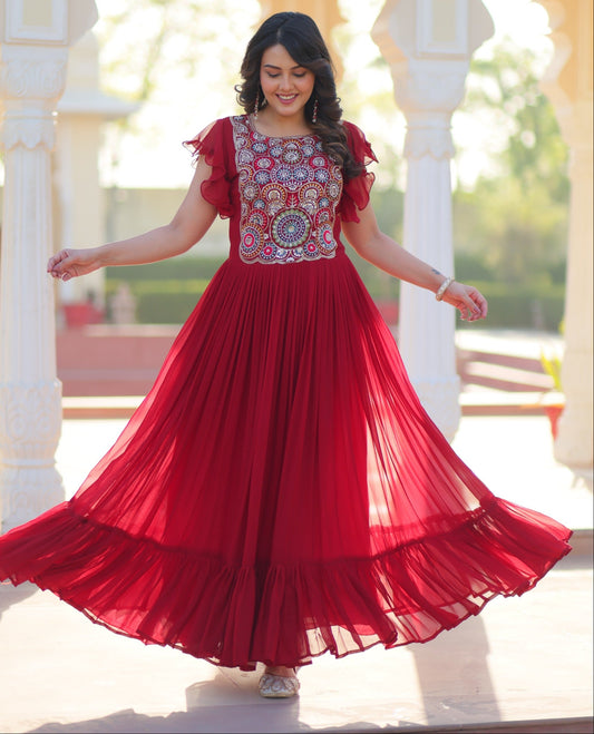 Maroon Faux Blooming Embroidered Work Gown
