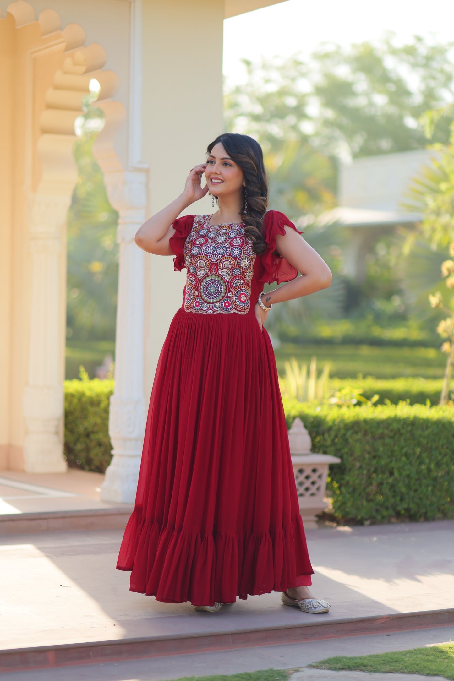 Maroon Faux Blooming Embroidered Work Gown
