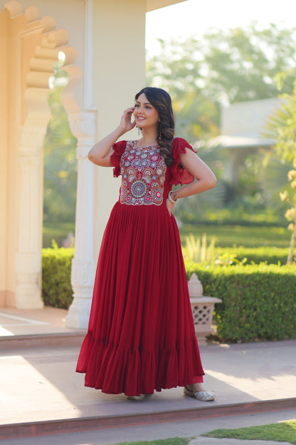 Maroon Faux Blooming Embroidered Work Gown