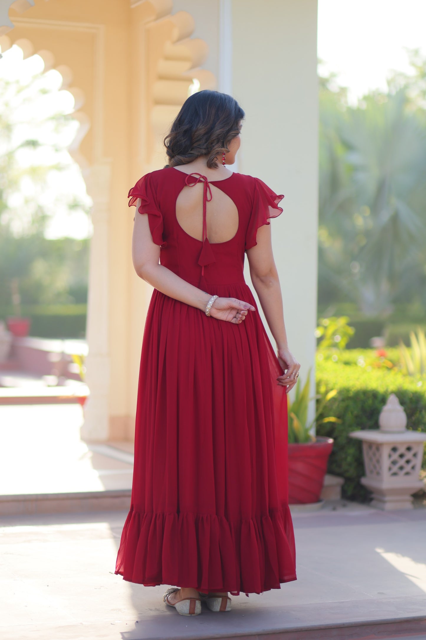 Maroon Faux Blooming Embroidered Work Gown