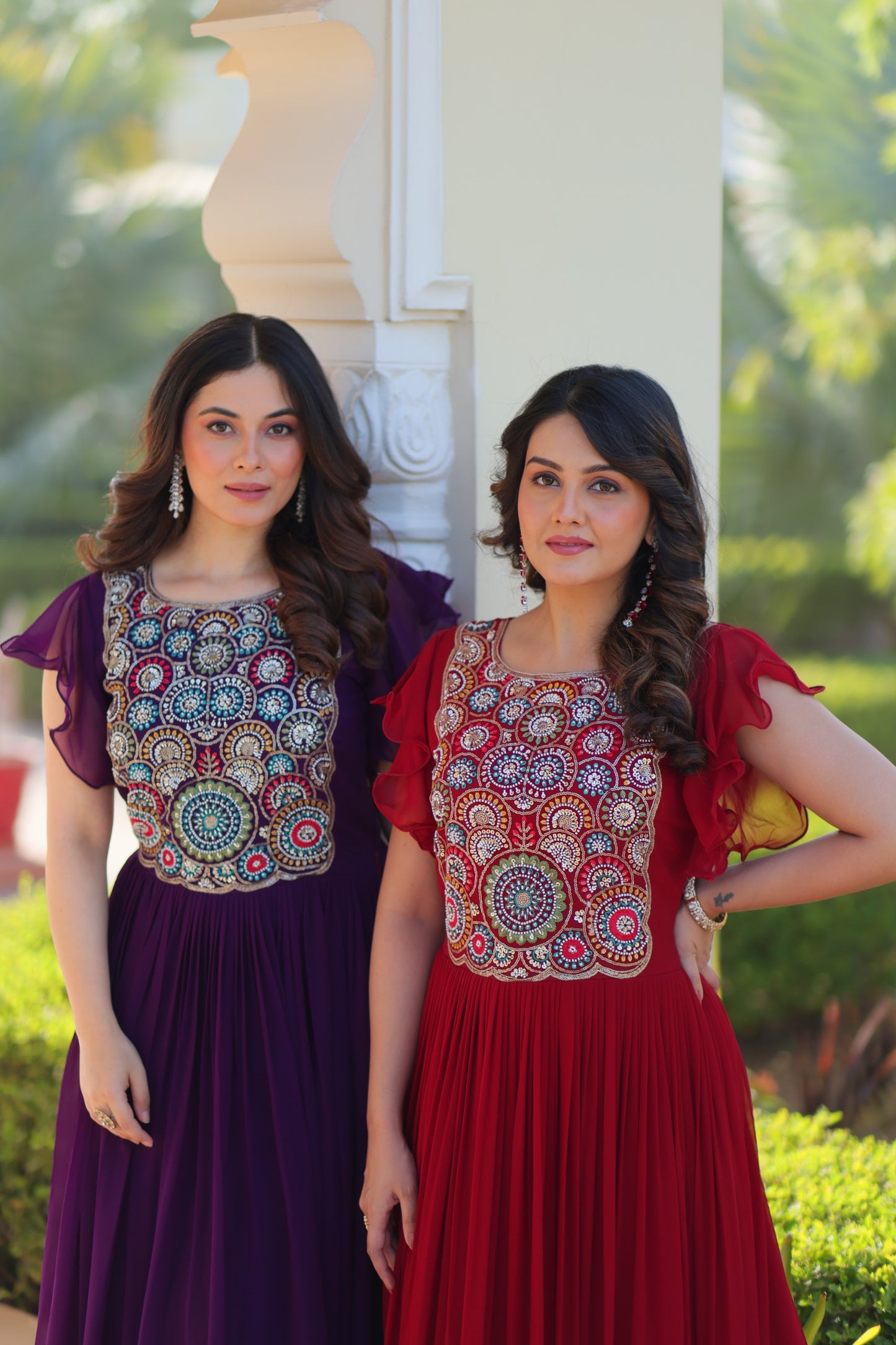 Maroon Faux Blooming Embroidered Work Gown