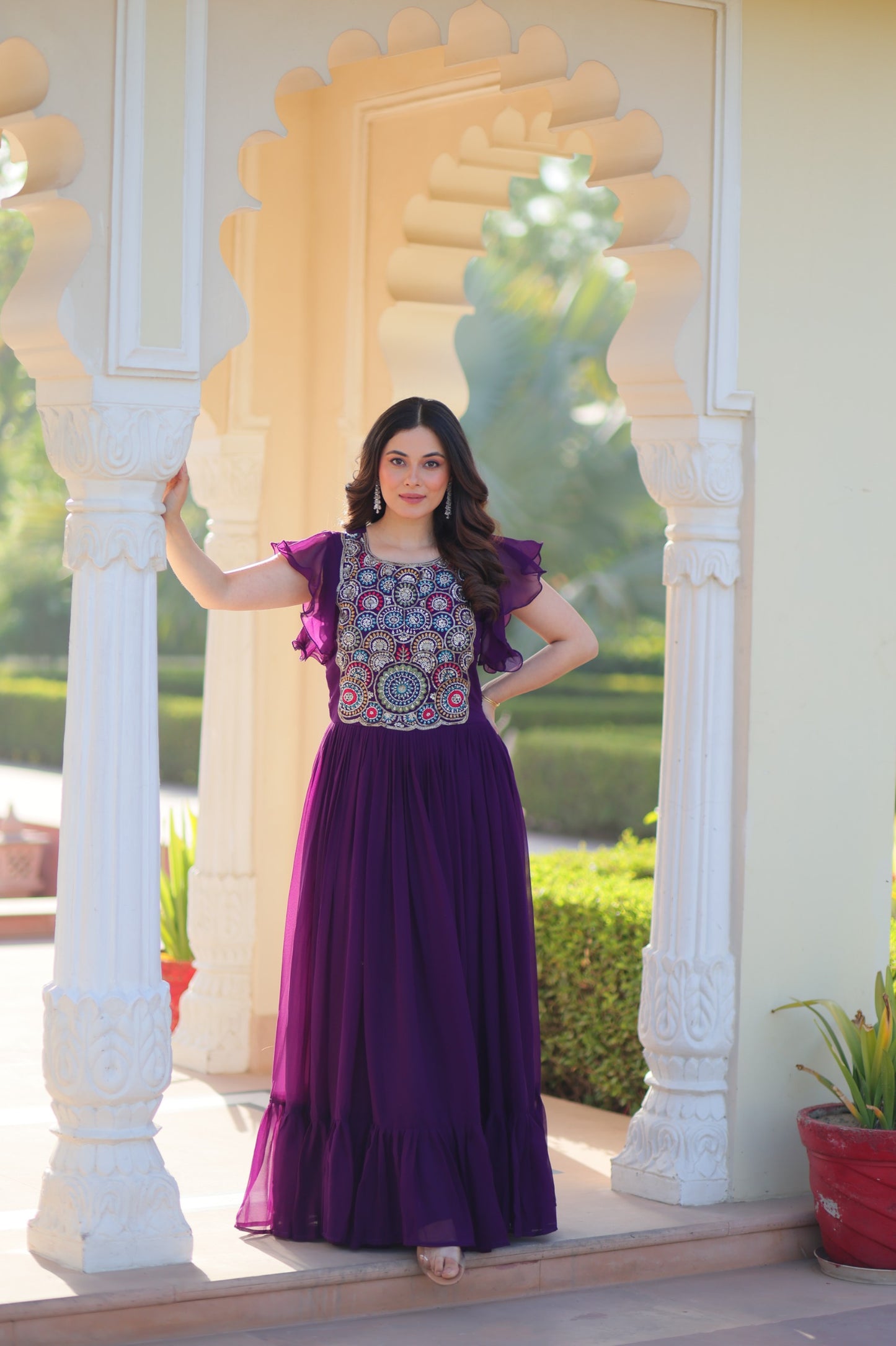 Maroon Faux Blooming Embroidered Work Gown
