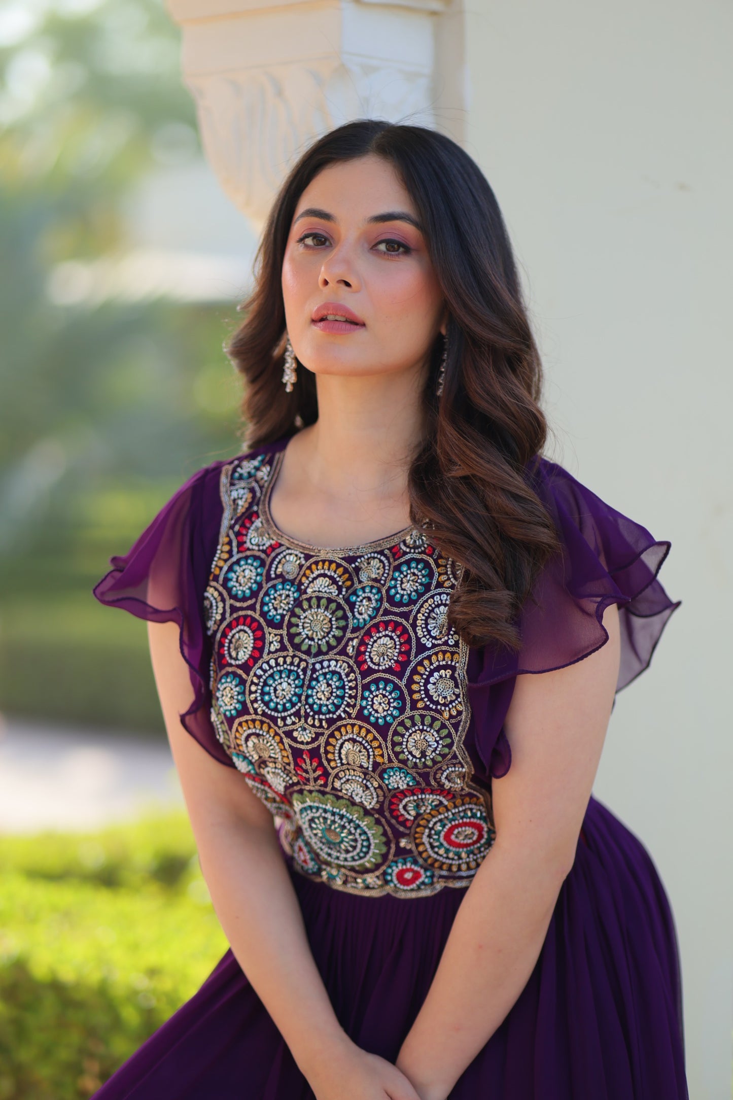 Maroon Faux Blooming Embroidered Work Gown