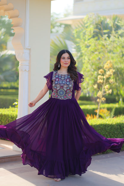 Maroon Faux Blooming Embroidered Work Gown