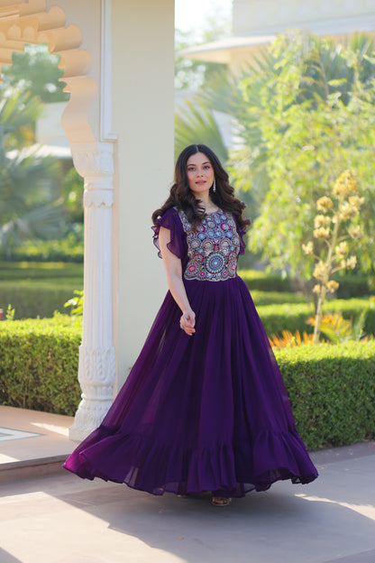 Maroon Faux Blooming Embroidered Work Gown