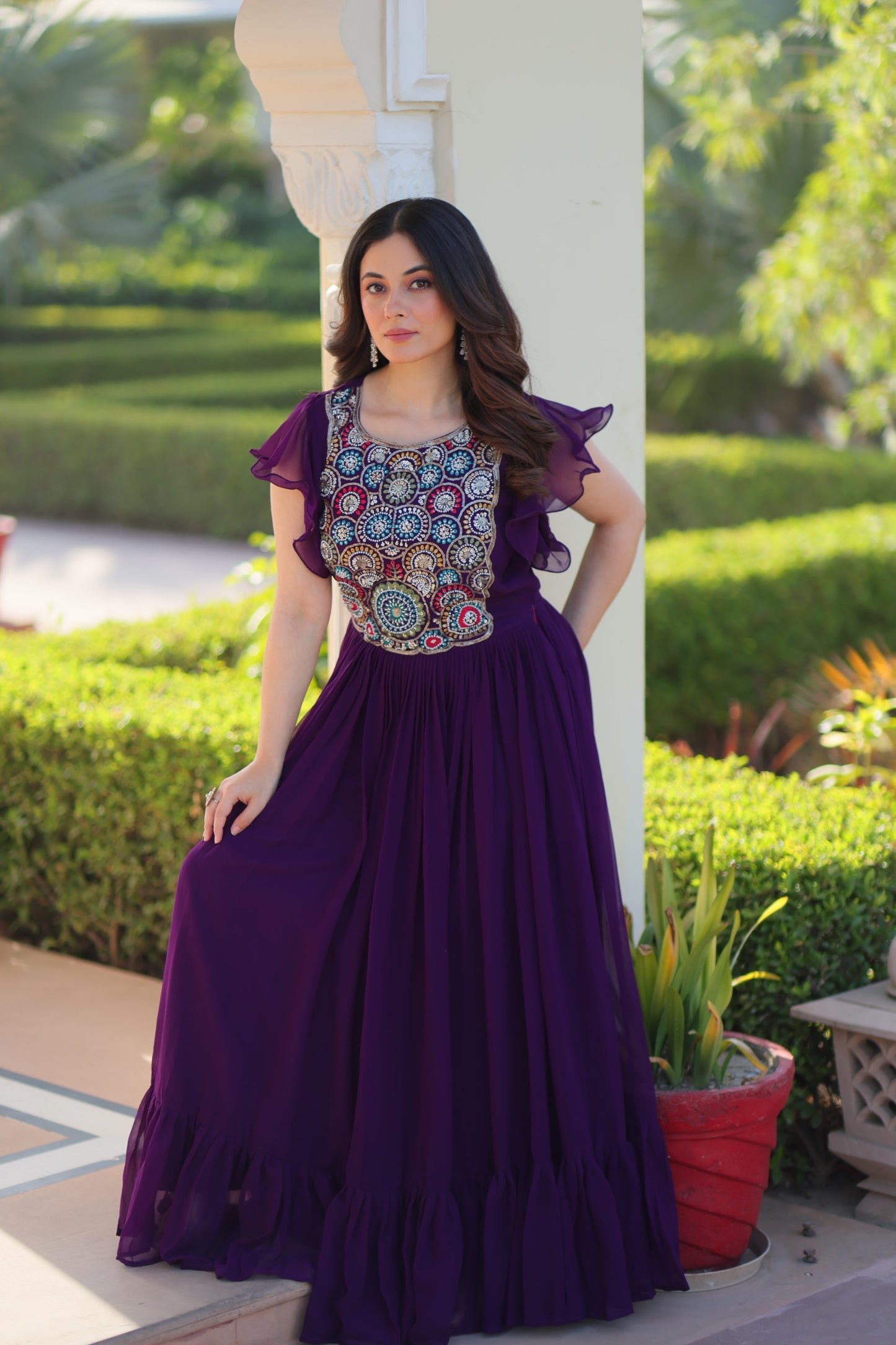 Maroon Faux Blooming Embroidered Work Gown