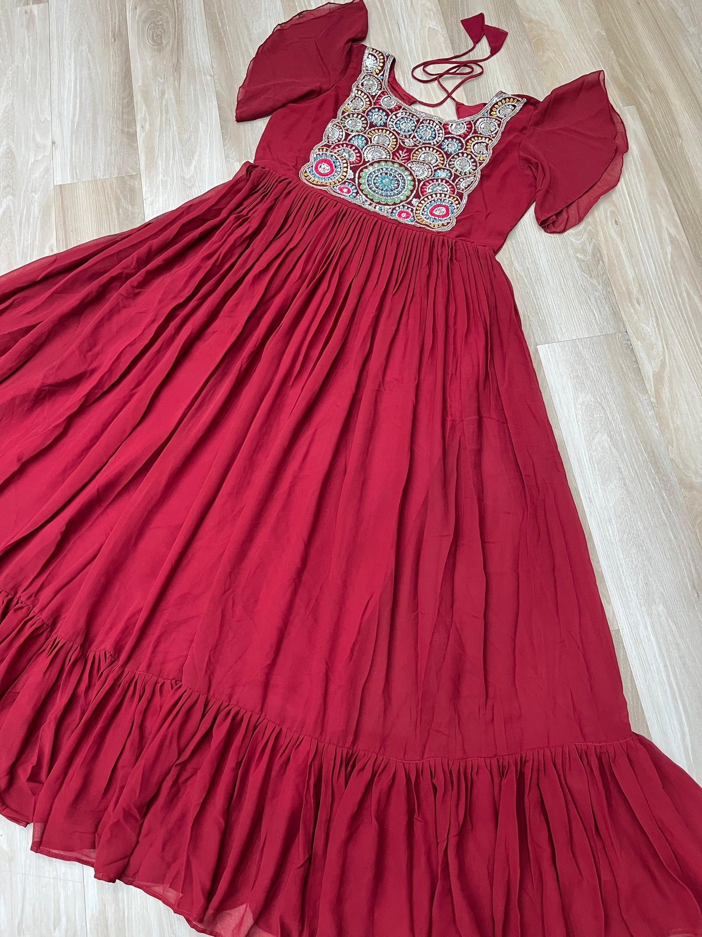 Maroon Faux Blooming Embroidered Work Gown