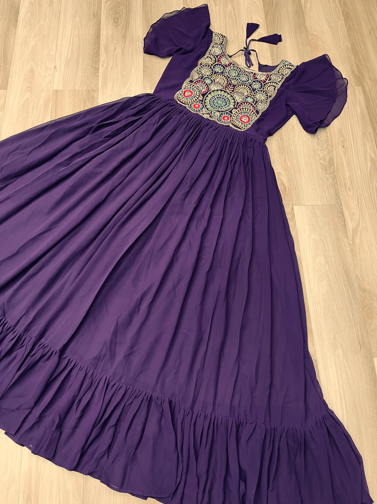Maroon Faux Blooming Embroidered Work Gown