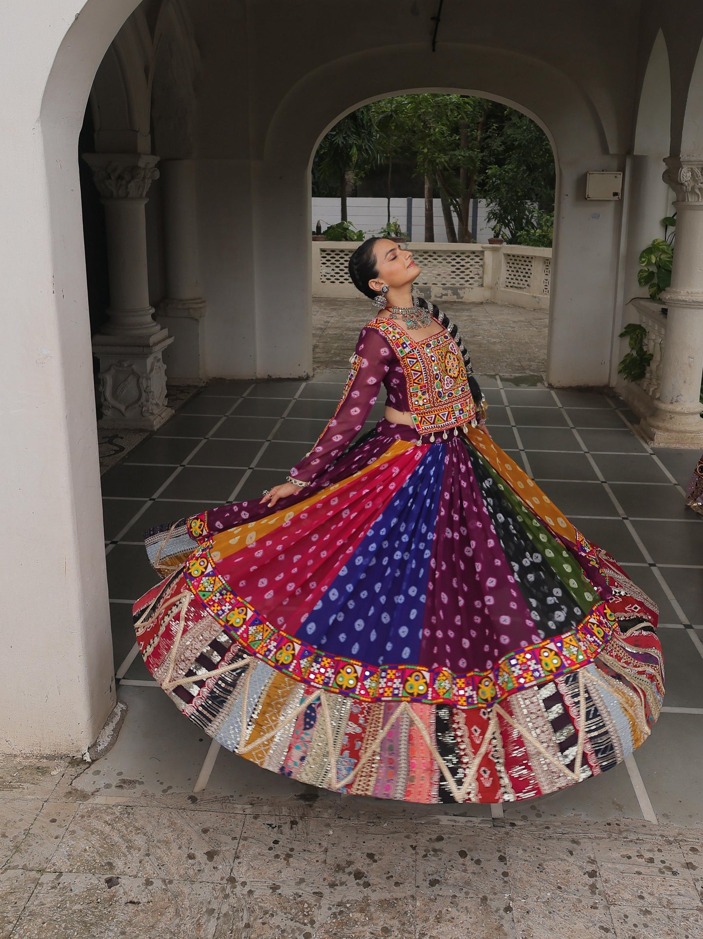 Purple  Georgette Print With Vintage Embellished Work Lehenga Top