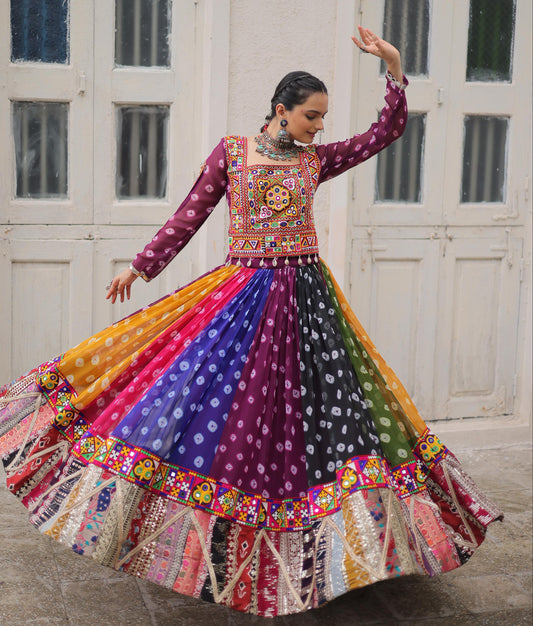 Purple  Georgette Print With Vintage Embellished Work Lehenga Top