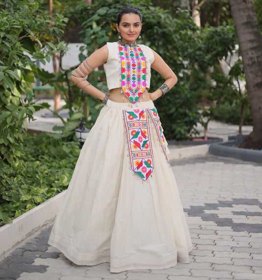 White color Kora Cotton Kutchi Work Lehenga With Top