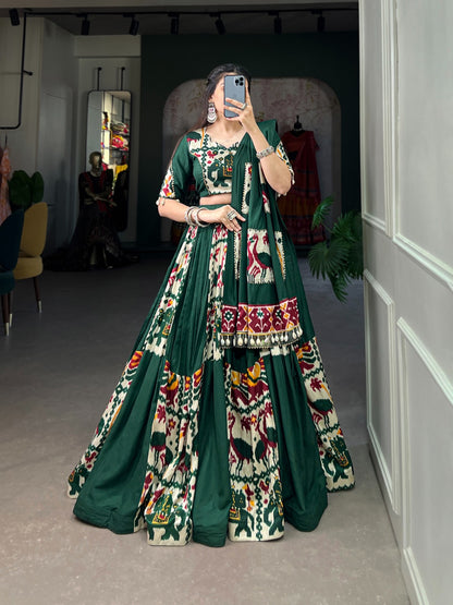 Green color Rayon with Printed Silk Lehenga