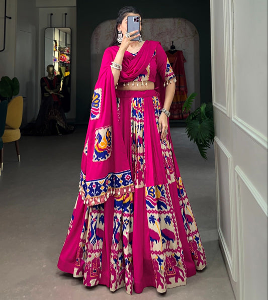 Pink color Rayon with Printed Silk Lehenga