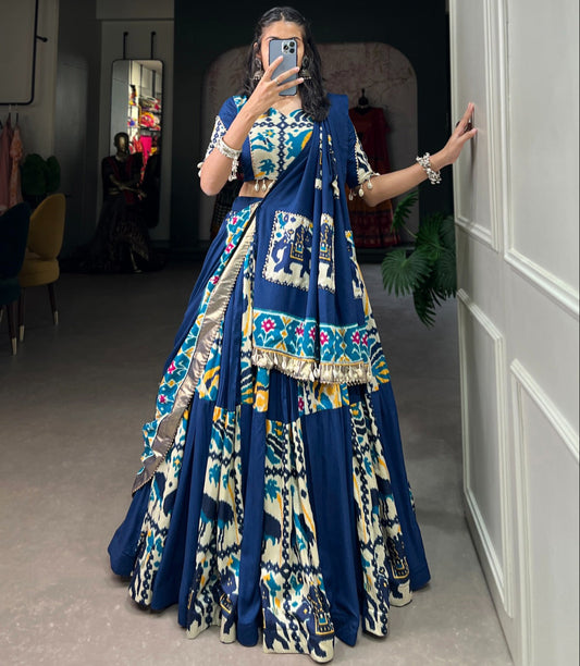 Firozi color Rayon with Printed Silk Lehenga