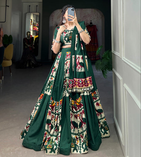 Green color Rayon with Printed Silk Lehenga